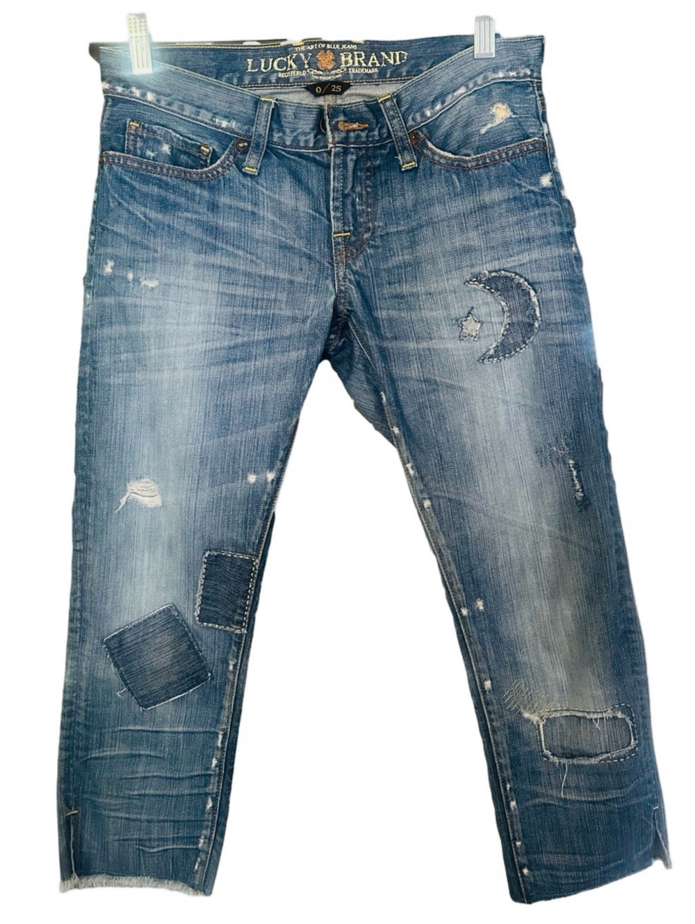 Lucky Brand Denim Moon & Star Distressed Patchwork Crop Jeans Size 25 Boho Y2K
